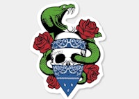 a skull with a bandana and roses on a sticker